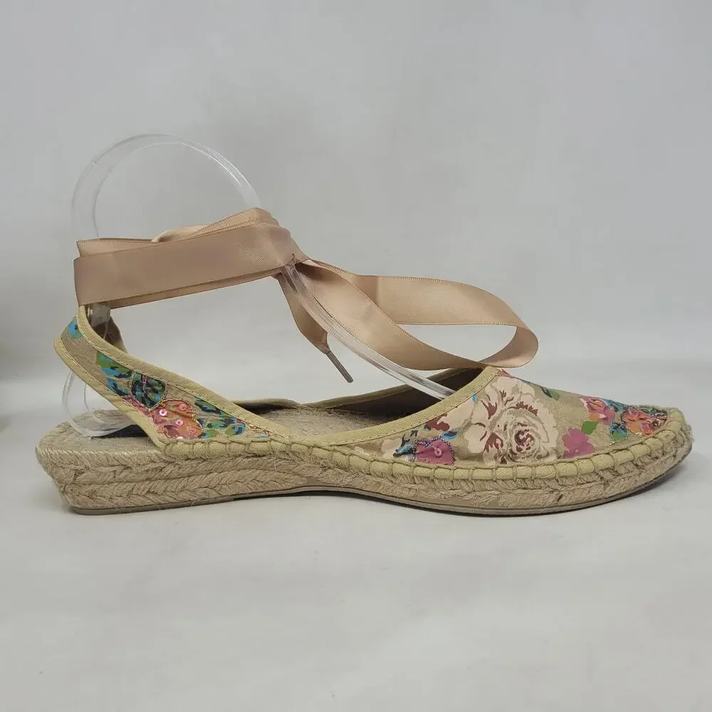 Marmi Sandals 10 Floral Espadrille Sequin Ribbon Tie Wedge Boho Floral Summer